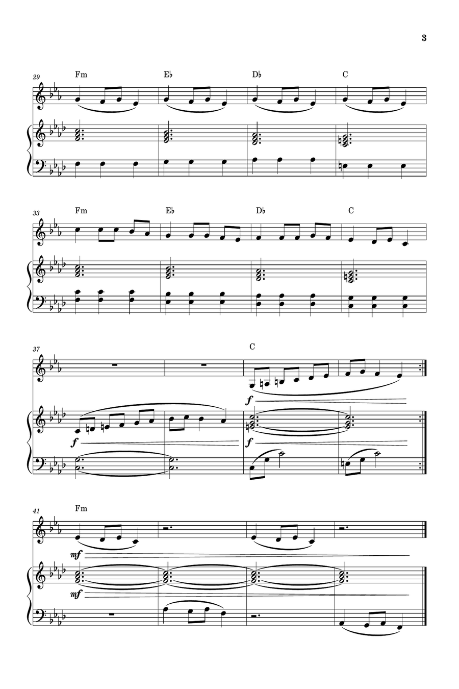 Carol of the Bells for French Horn and Piano (Very Easy - Beginner) in F minor - With Chords Piano scores gallery preview page 3