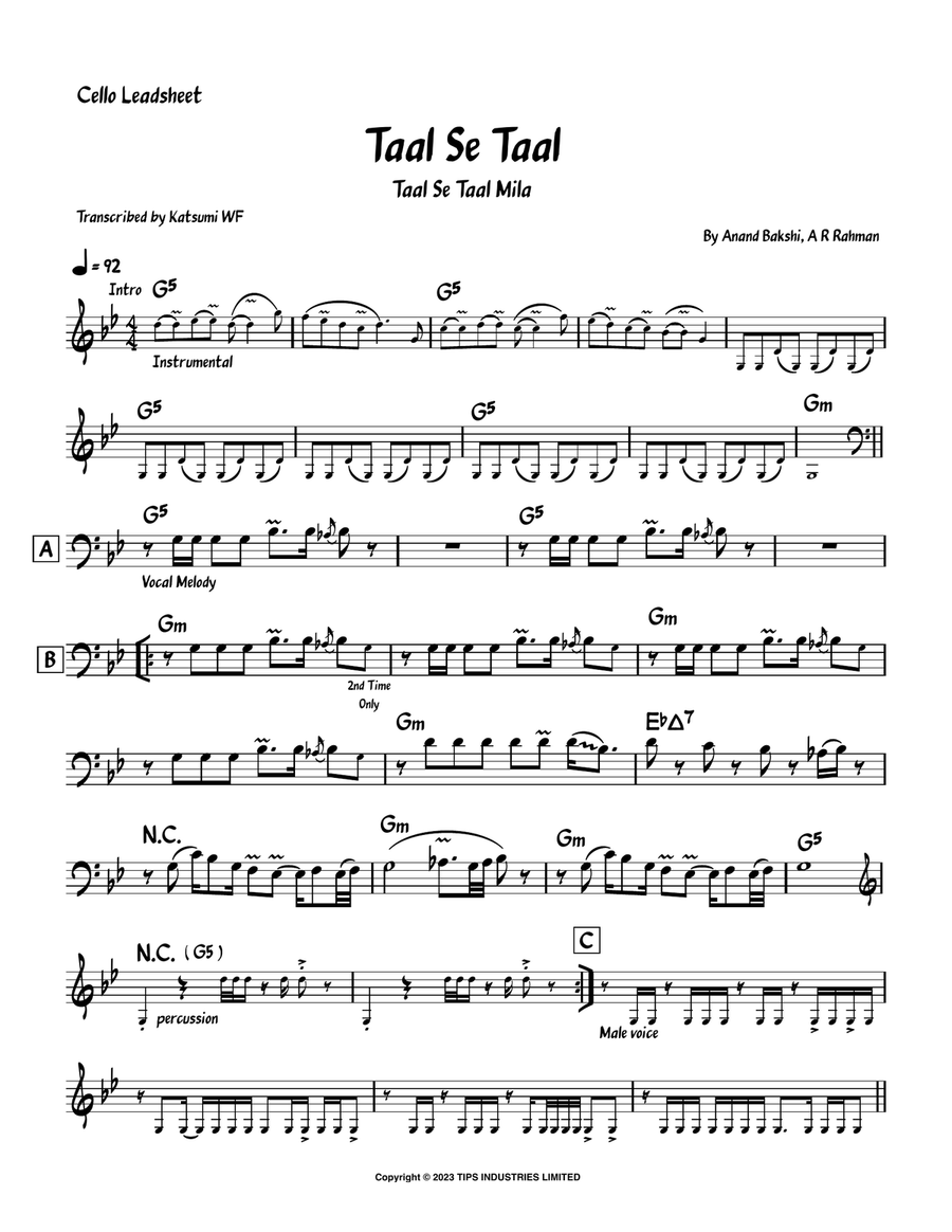 Taal Se Taal Cello Solo scores gallery preview page 1