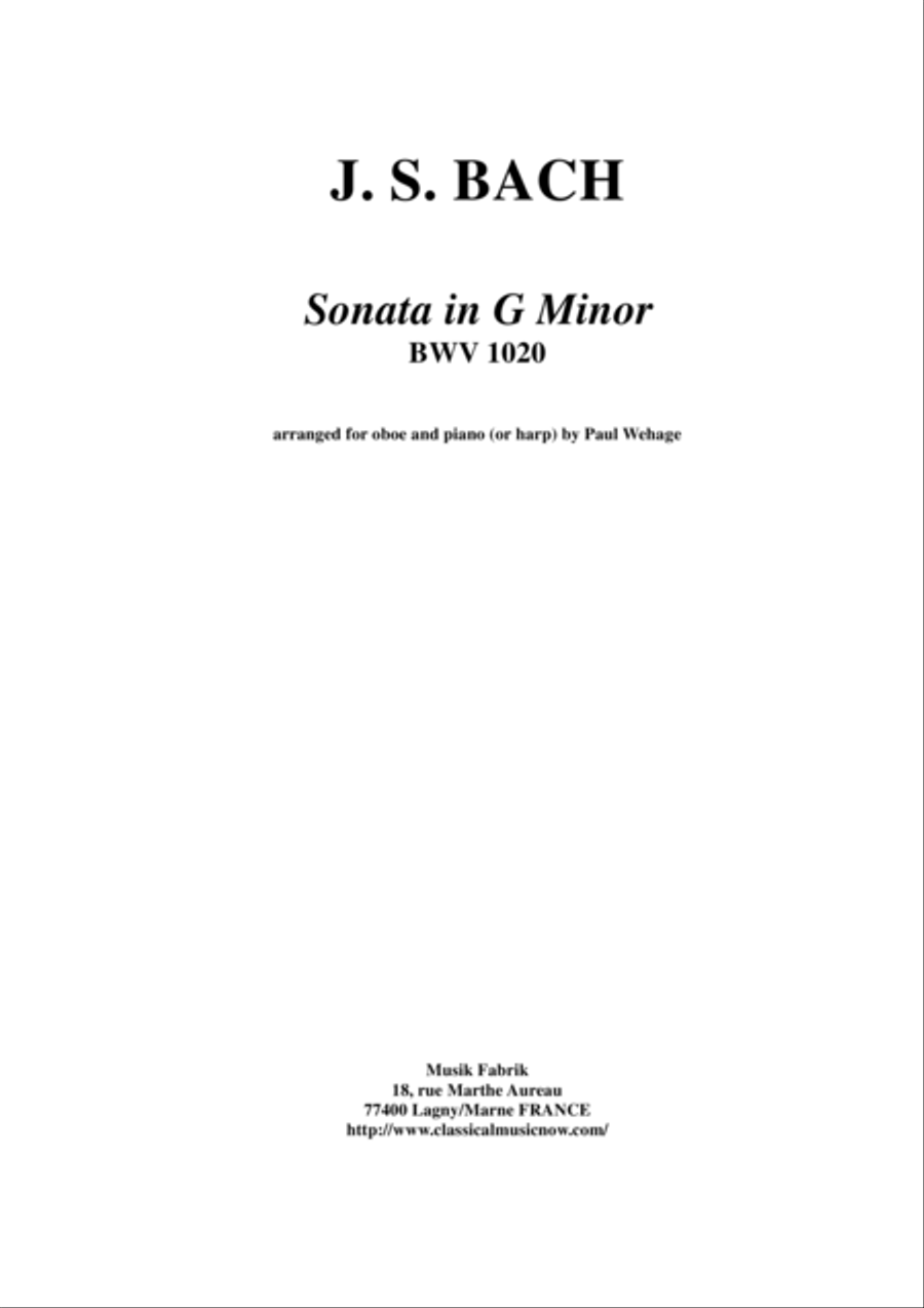 J. S. Bach: Sonata in g minor, BWV 1020 arranged for oboe and piano (or harp) Harp scores gallery preview page 1