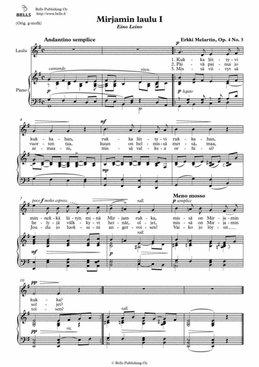 Mirjamin laulu 1, Op. 4 No. 3 (G Major)