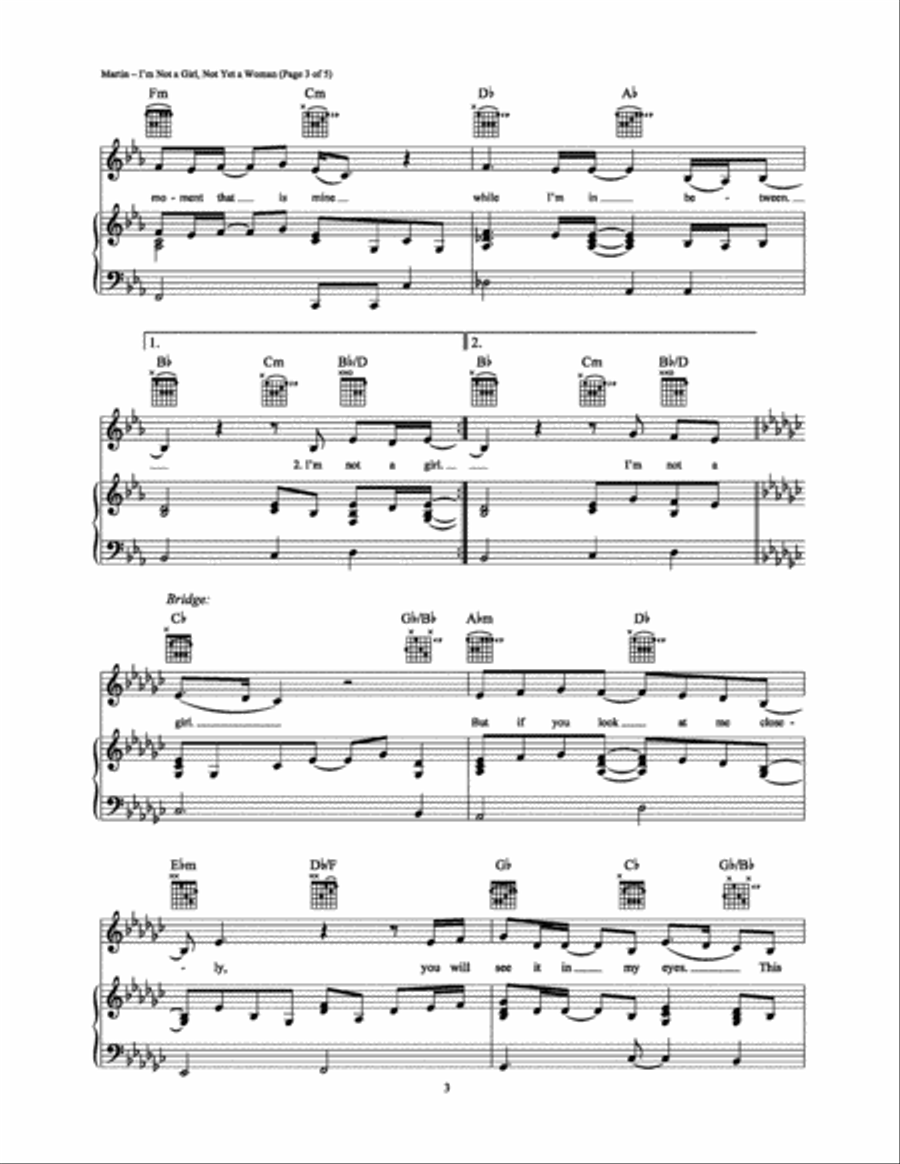 I'm Not a Girl, Not Yet a Woman Piano, Vocal, Guitar scores gallery preview page 3