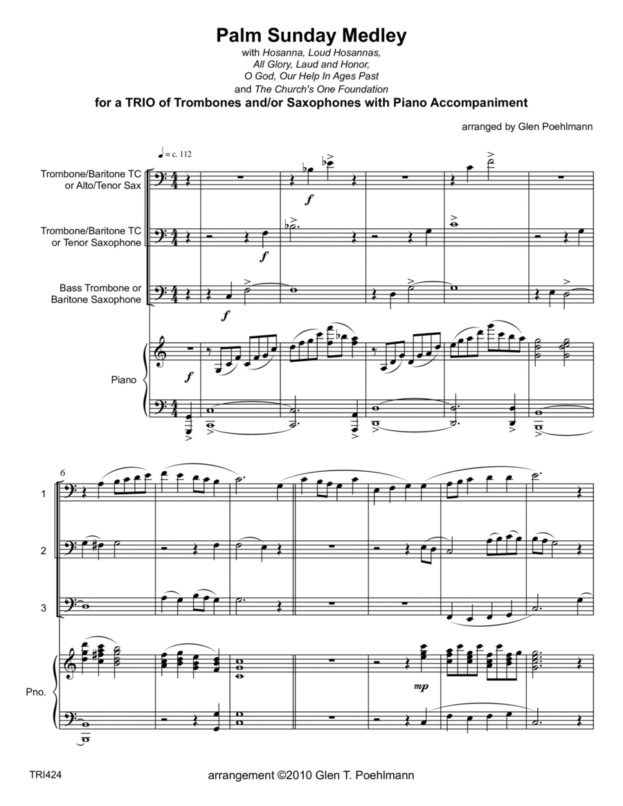 PALM SUNDAY MEDLEY (4 hymns) - TRIO OF TROMBONES/SAXOPHONES with Piano Accompaniment Brass Ensemble scores gallery preview page 1