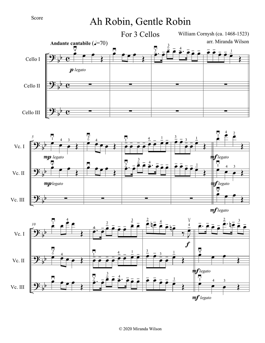 William Cornysh Ah Robin for 3 Cellos String Trio scores gallery preview page 1
