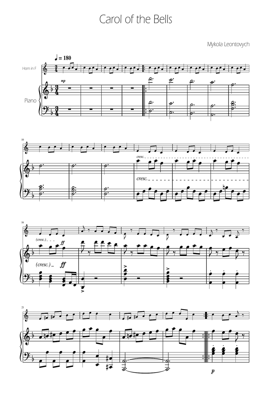 Carol of The Bells - French Horn Solo w/ Piano Piano scores gallery preview page 1