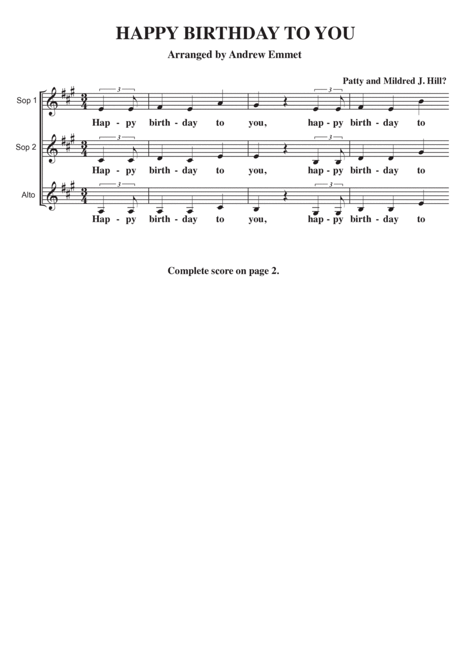 Happy Birthday To You A Cappella SSA SSA scores gallery preview page 1