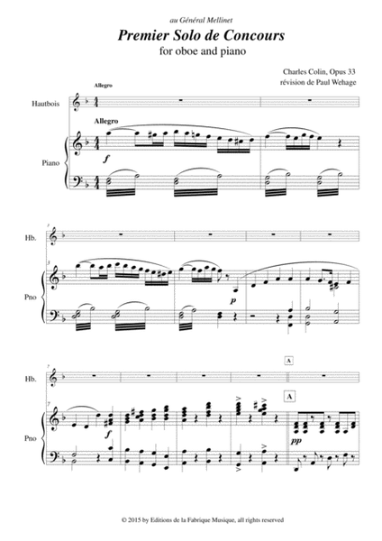 Charles COLIN Solo de Concours no. 1, Opus 33 for oboe and piano