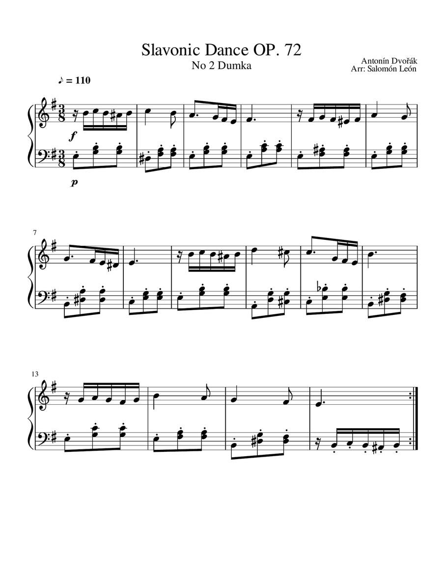 Antonín Dvořák Slavonic Dance OP. 72 No 2 Dumka in E minor for piano solo Easy Piano scores gallery preview page 1