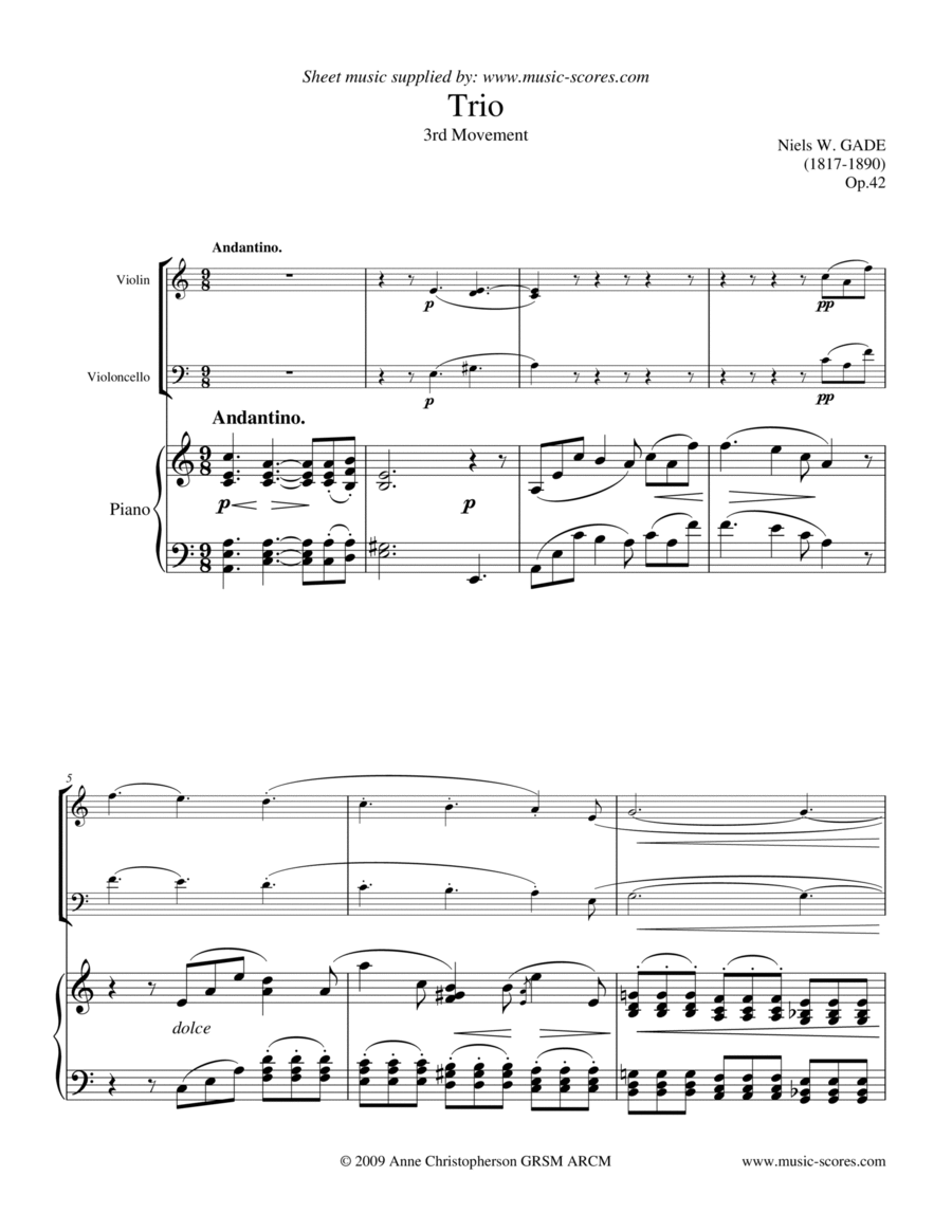 Gade - Andantino - 3rd Movement from Piano Trio - Violin, Cello and Piano. image number null