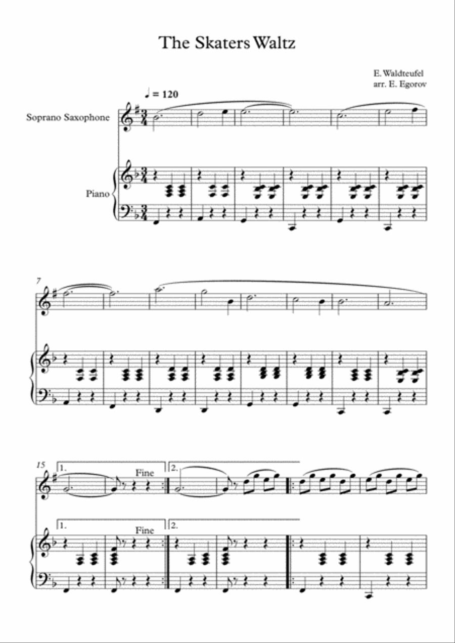 The Skaters Waltz, Emile Waldteufel, For Soprano Saxophone & Piano Soprano Saxophone scores gallery preview page 1