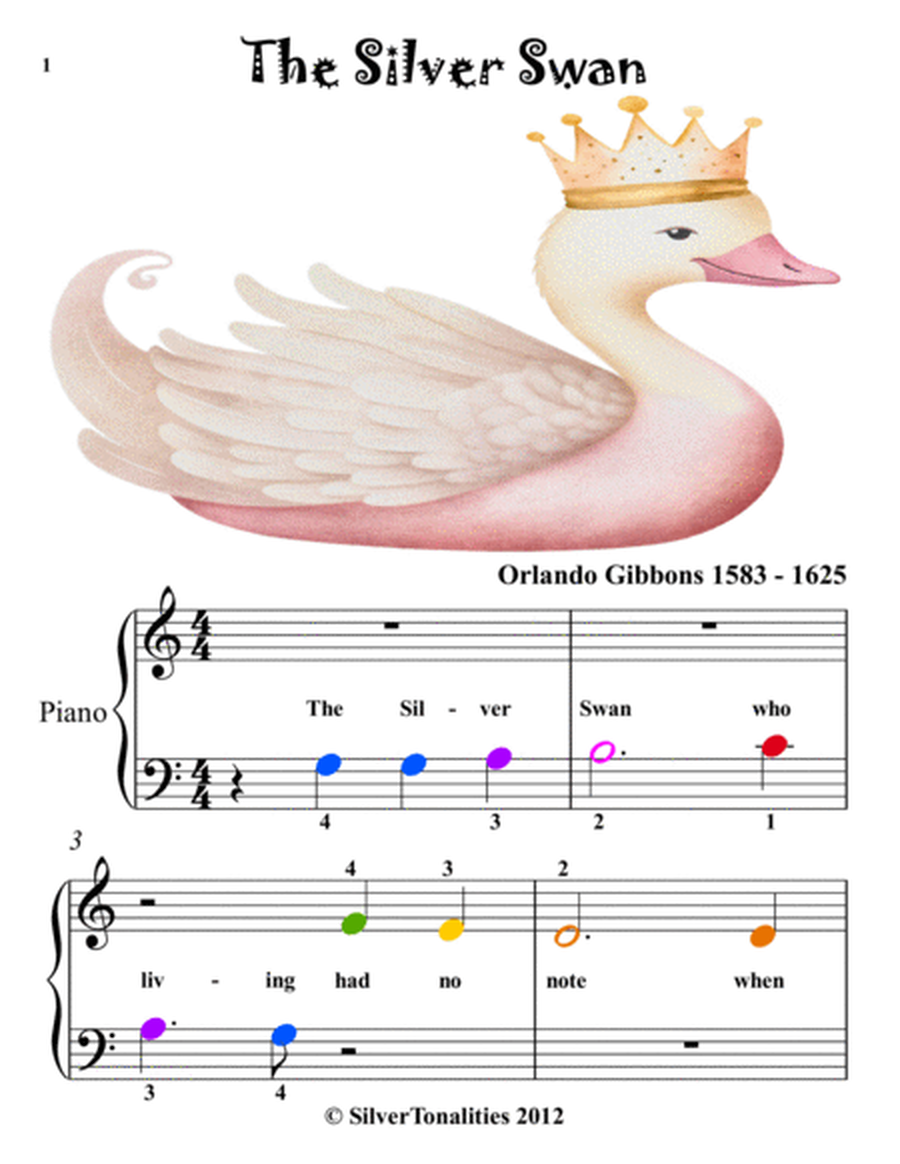 The Silver Swan Beginner Piano Sheet Music with Colored Notation