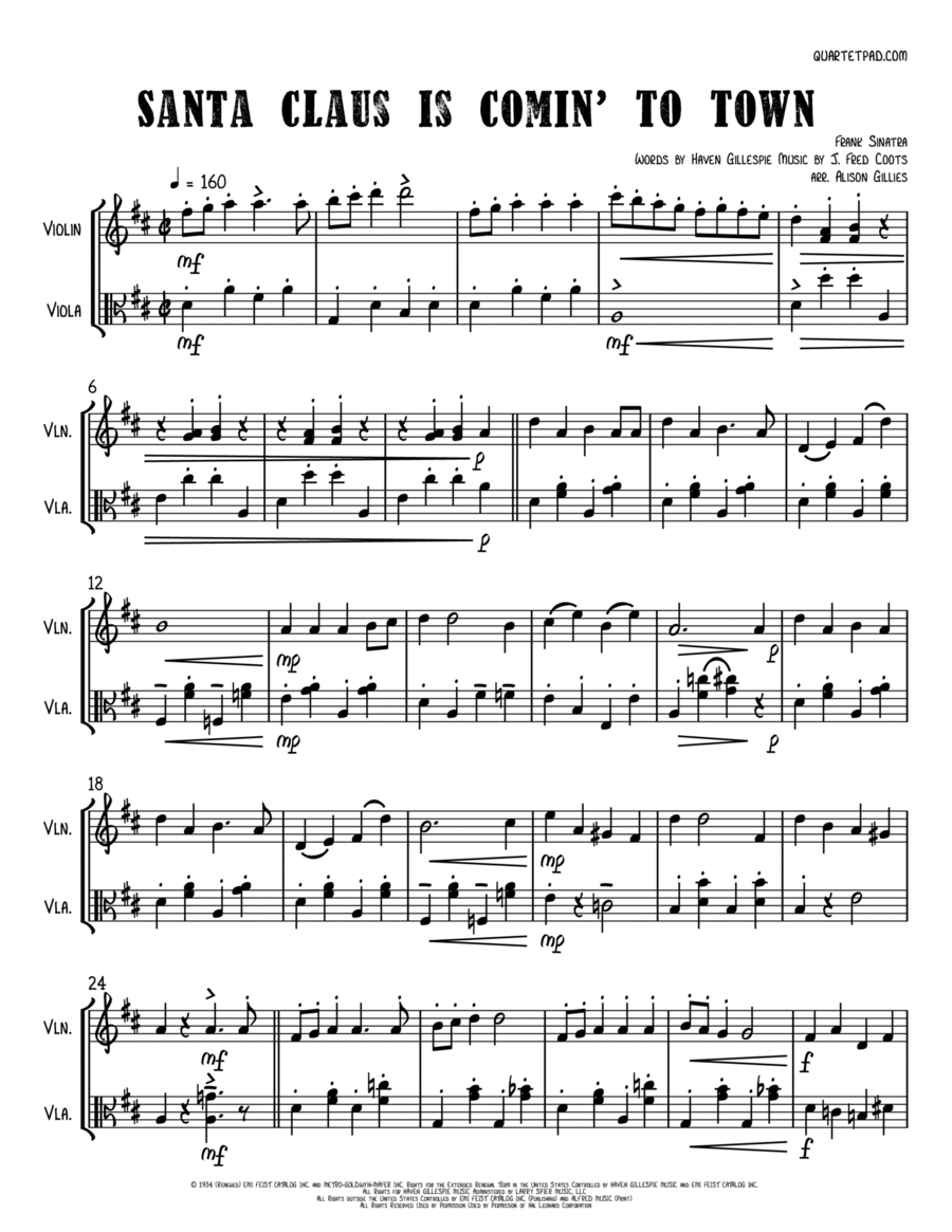 Santa Claus Is Comin' To Town String Duet scores gallery preview page 1