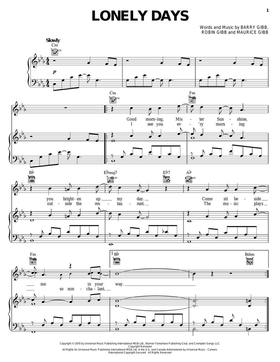 Lonely Days Lonely Days Piano, Vocal, Guitar scores gallery preview page 1