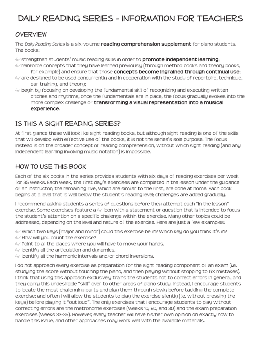 Daily Reading Level 1 - music reading comprehension for piano students Piano Method scores gallery preview page 1