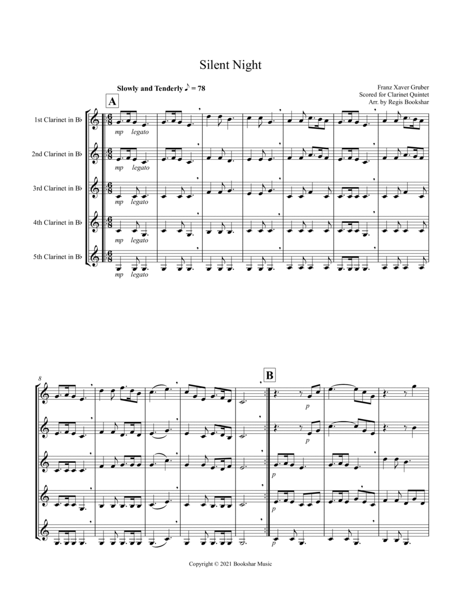 Silent Night (Bb) (Clarinet Quintet) Clarinet Quintet scores gallery preview page 1