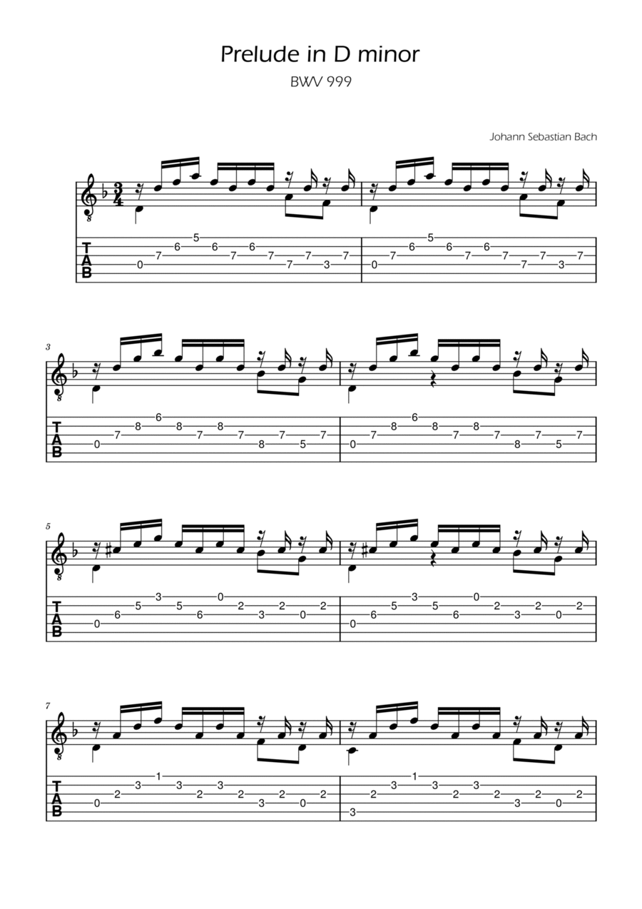 Prelude in D minor TAB - BWV 999 Acoustic Guitar scores gallery preview page 1