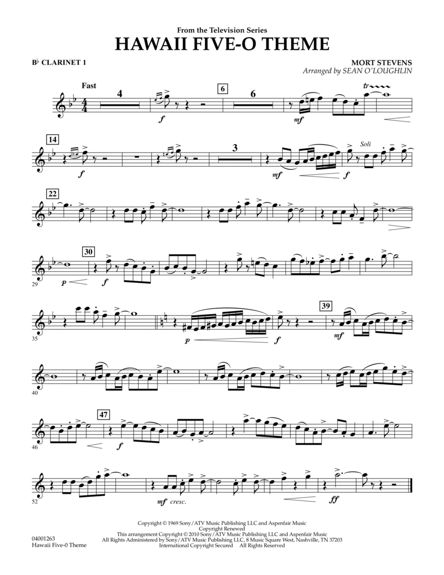 Hawaii Five-O Theme - Bb Clarinet 1