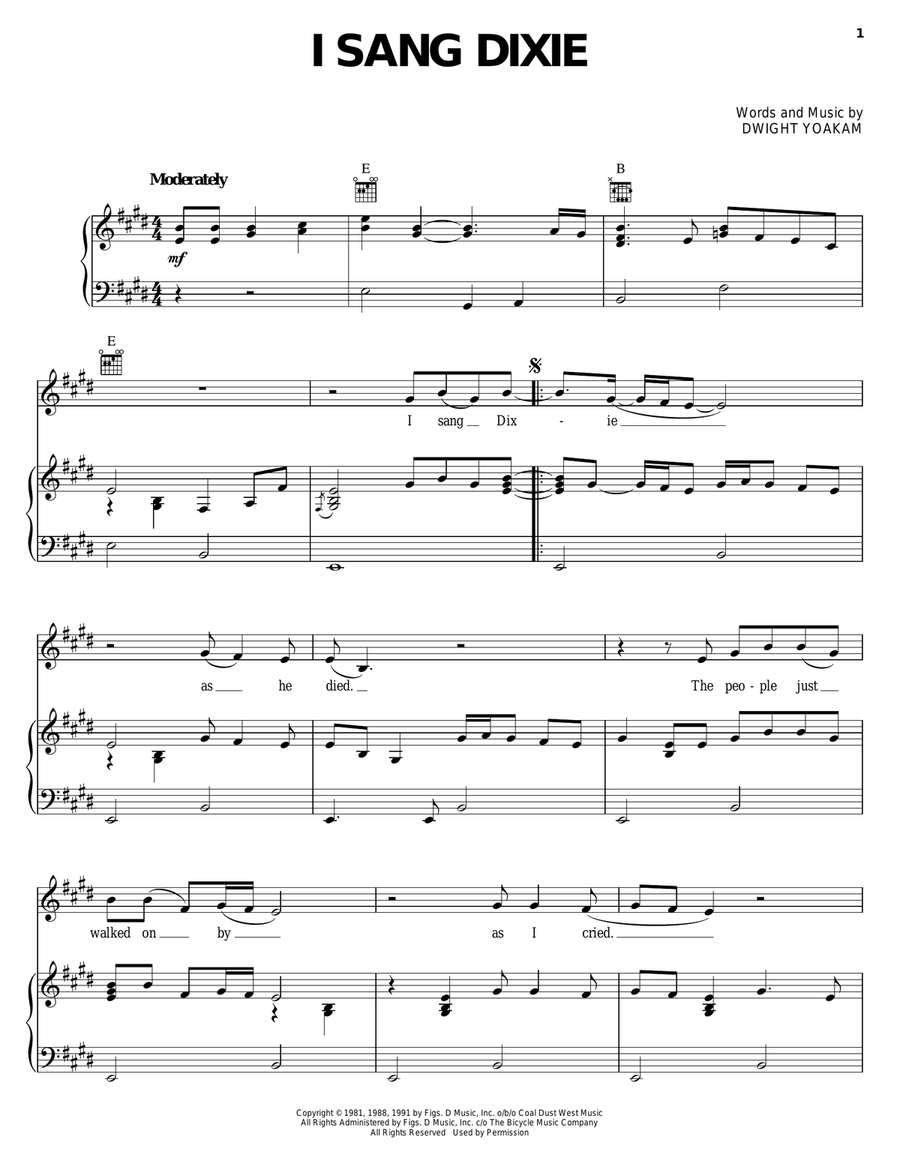 I Sang Dixie Piano, Vocal, Guitar scores gallery preview page 1