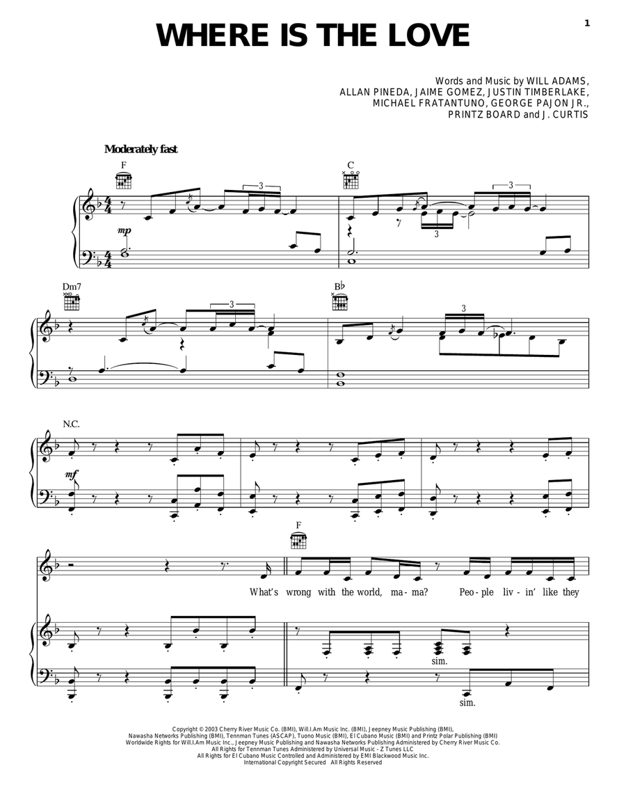 Where Is The Love Piano, Vocal, Guitar scores gallery preview page 1