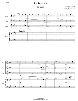Giuseppe Verdi - La Traviata (Preludio) arr. for piano quartet (score and parts)