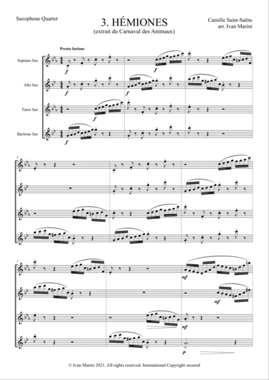 THE CARNIVAL OF THE ANIMALS for Saxophone Quartet - 3. Hémiones (Wild Asses) Saxophone Quartet scores gallery preview page 4