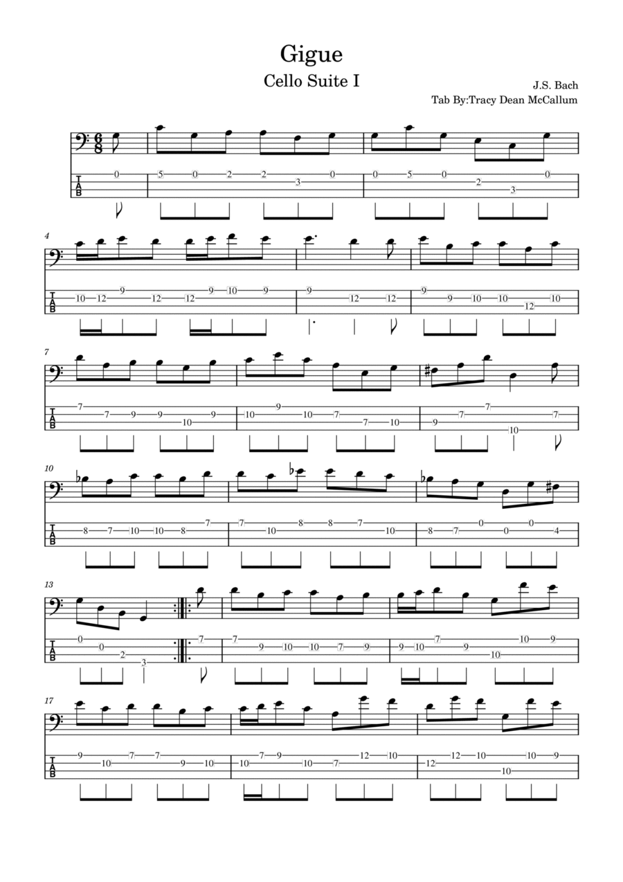 Bach Cello Suite One Gigue For Bass Guitar With Tab String Duet scores gallery preview page 1