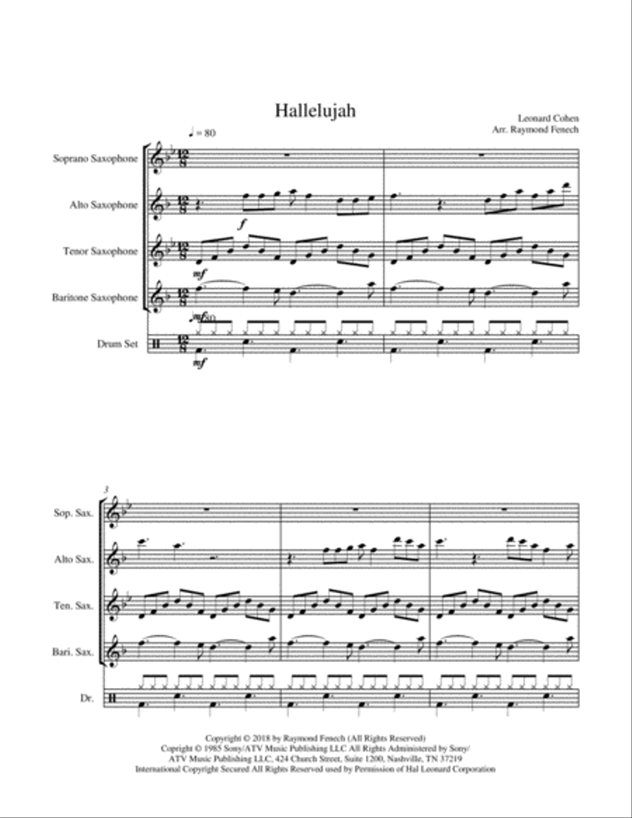 Hallelujah Saxophone Quartet scores gallery preview page 4