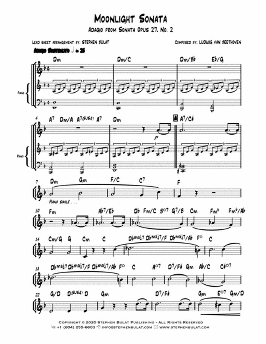 Moonlight Sonata - Adagio from Sonata Opus 27 No. 2 (Beethoven) - Lead sheet (key of D minor)