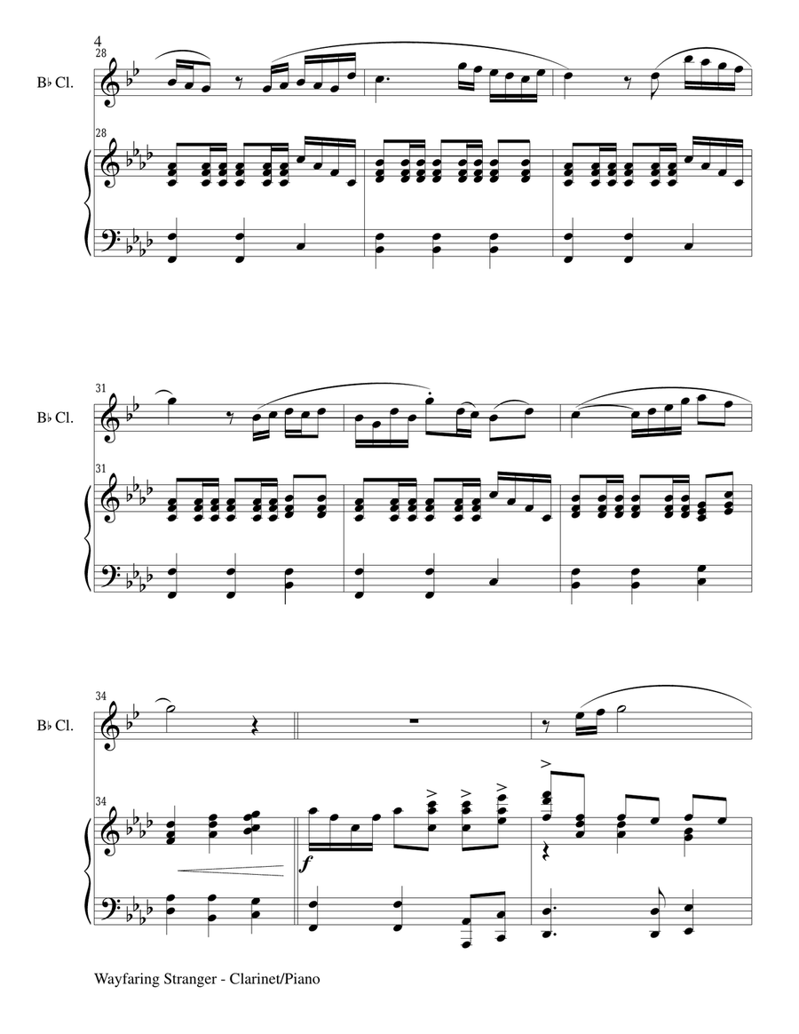 WAYFARING STRANGER (Bb Clarinet/Piano and ClarinetPart) B-Flat Clarinet scores gallery preview page 4