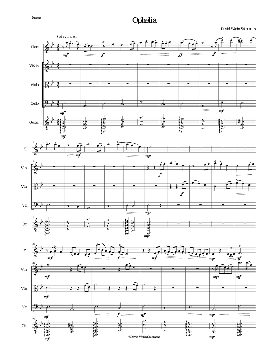 Ophelia for flute, string trio and guitar Small Ensemble scores gallery preview page 1