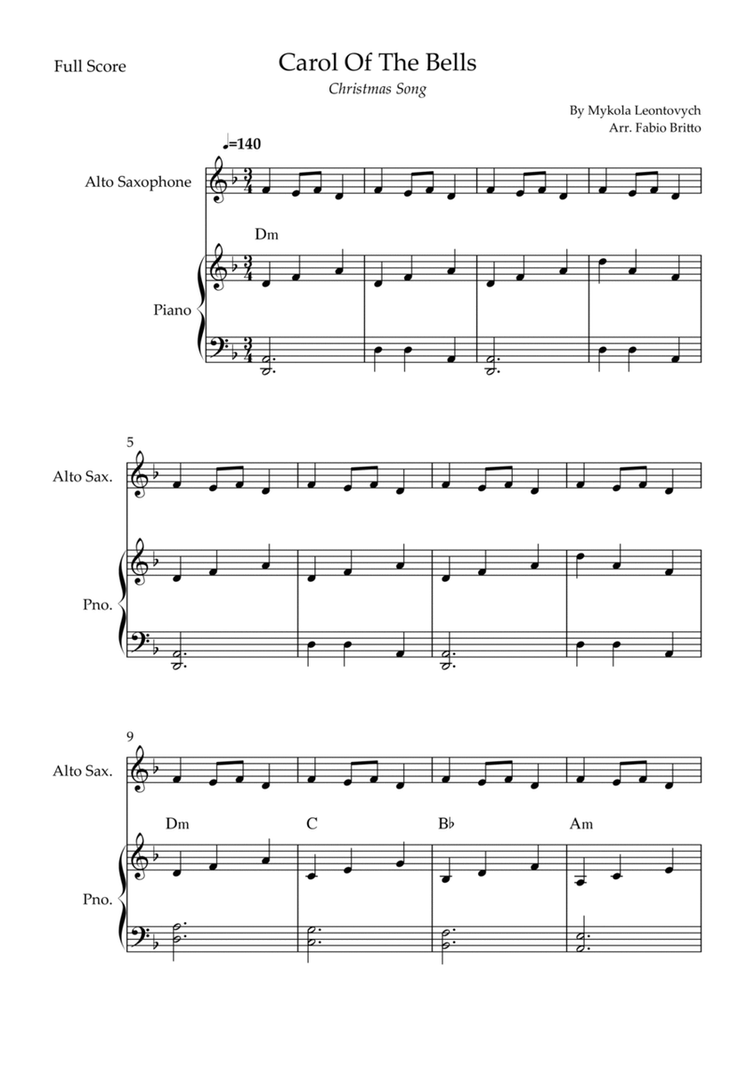 Carol Of The Bells (Christmas Song) for Alto Saxophone Solo and Piano Accompaniment with Chords image number null