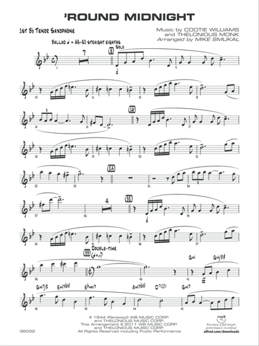 'Round Midnight: B-flat Tenor Saxophone Jazz Ensemble scores gallery preview page 1