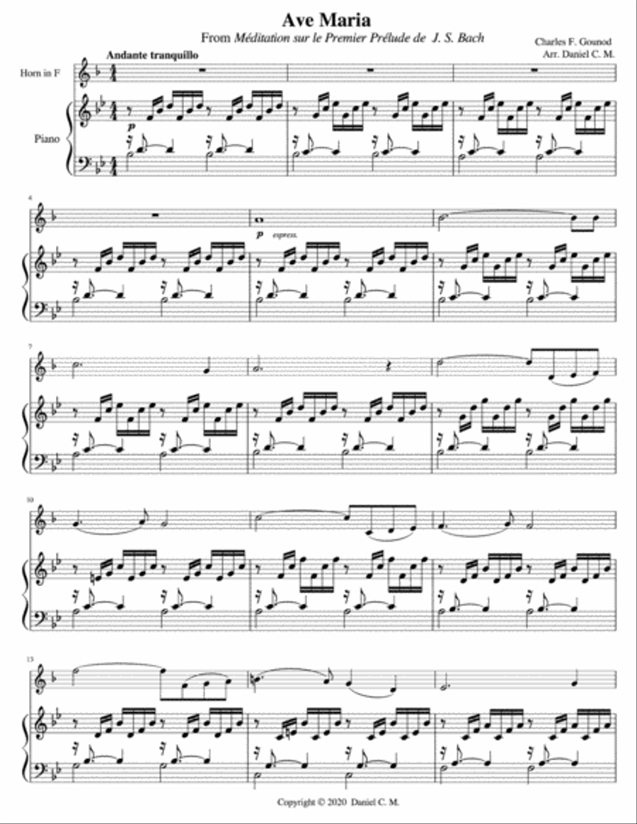 Ave Maria for horn and piano (in B flat) Horn scores gallery preview page 1