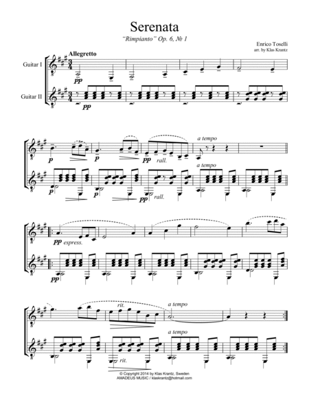 Serenata Rimpianto Op. 6 for easy guitar duo (A Major) image number null