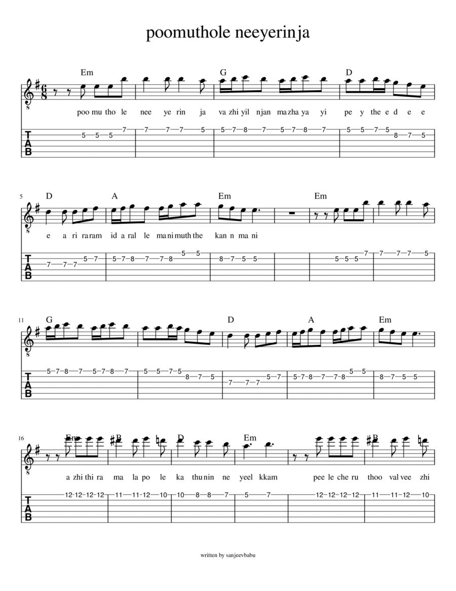 പൂമുത്തോളേ നീയെരിഞ്ഞ പൂമുത്തോളേ നീയെരിഞ്ഞ Guitar Solo scores gallery preview page 1