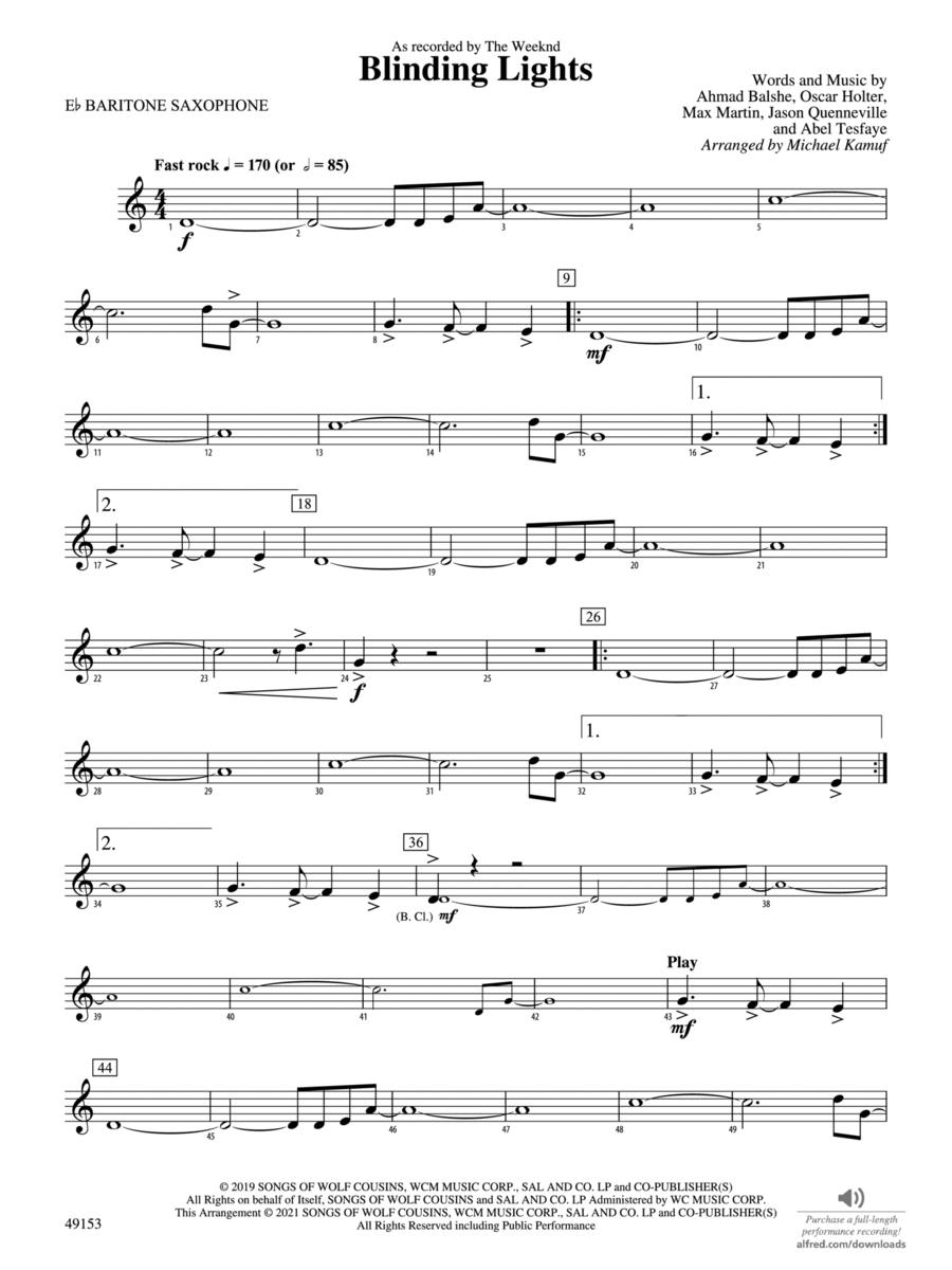 Blinding Lights: E-flat Baritone Saxophone Concert Band scores gallery preview page 1