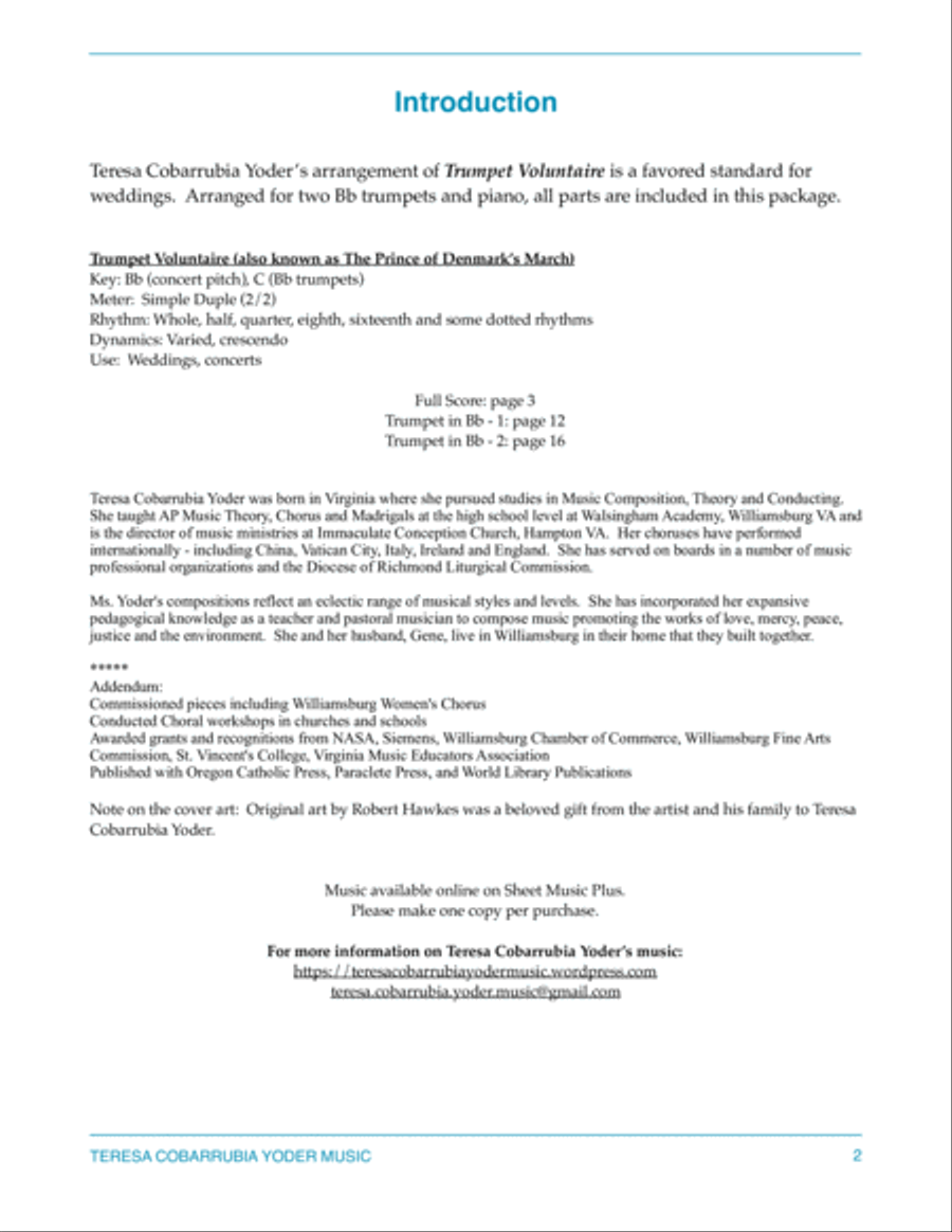 Trumpet Voluntaire - The Prince of Denmark's March for 2 trumpets and piano by Teresa Cobarrubia Yod Trumpet Duet scores gallery preview page 2
