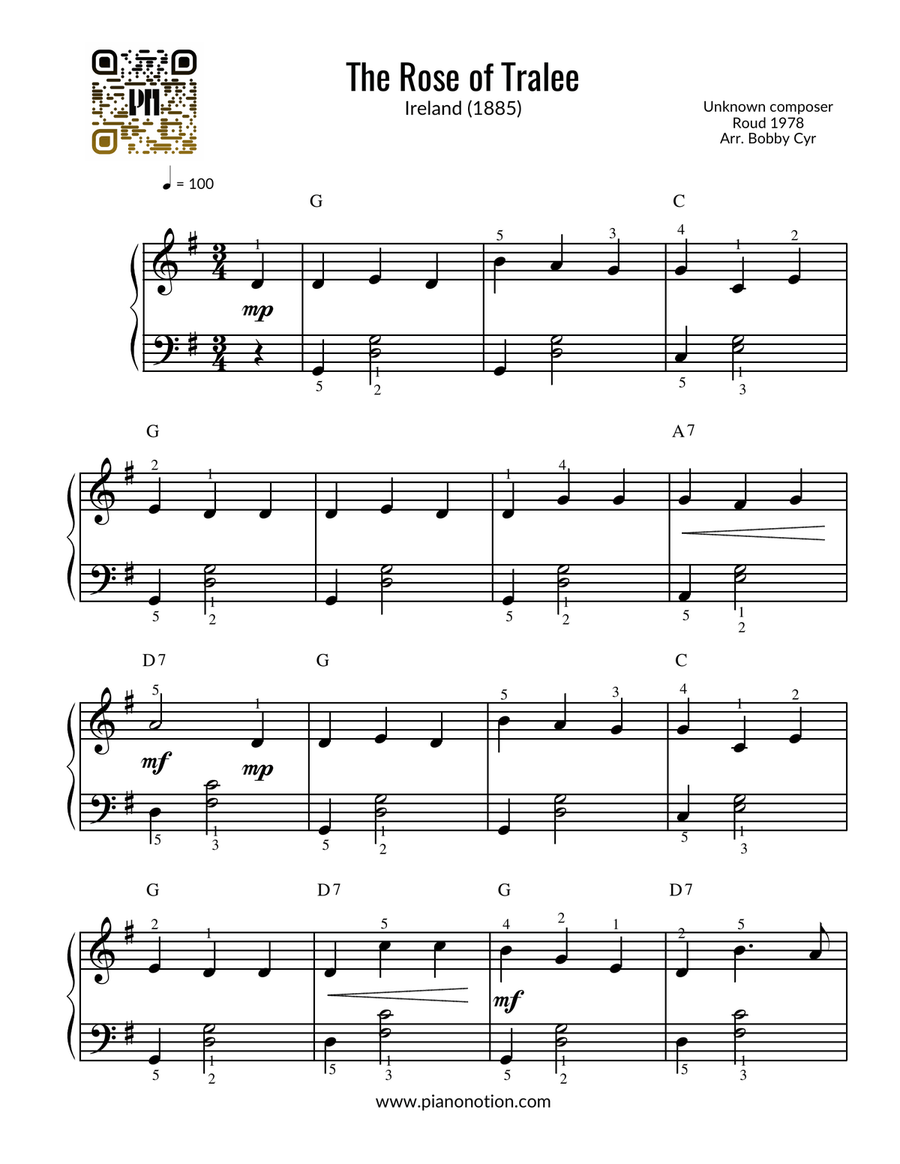 The Rose of Tralee (Easy Piano Solo) Easy Piano scores gallery preview page 1