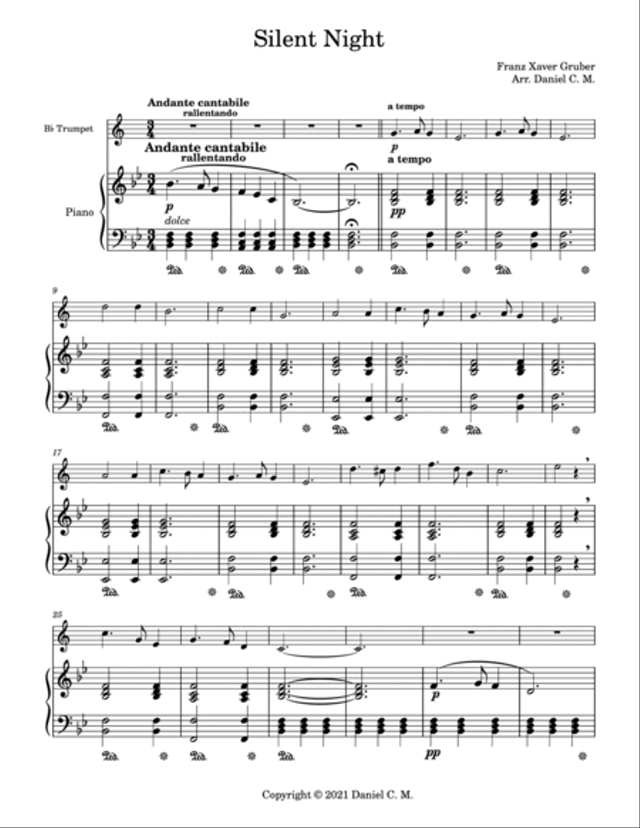 Silent Night for Bb trumpet and piano (easy) Trumpet Duet scores gallery preview page 2