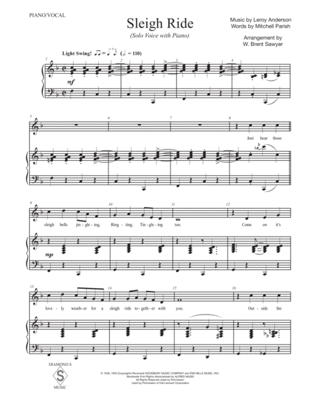 Sleigh Ride - MEDIUM LOW VOCAL (Bass or High Alto) with Piano image number null