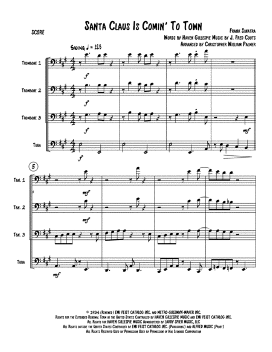 Santa Claus Is Comin' To Town Brass Ensemble scores gallery preview page 2