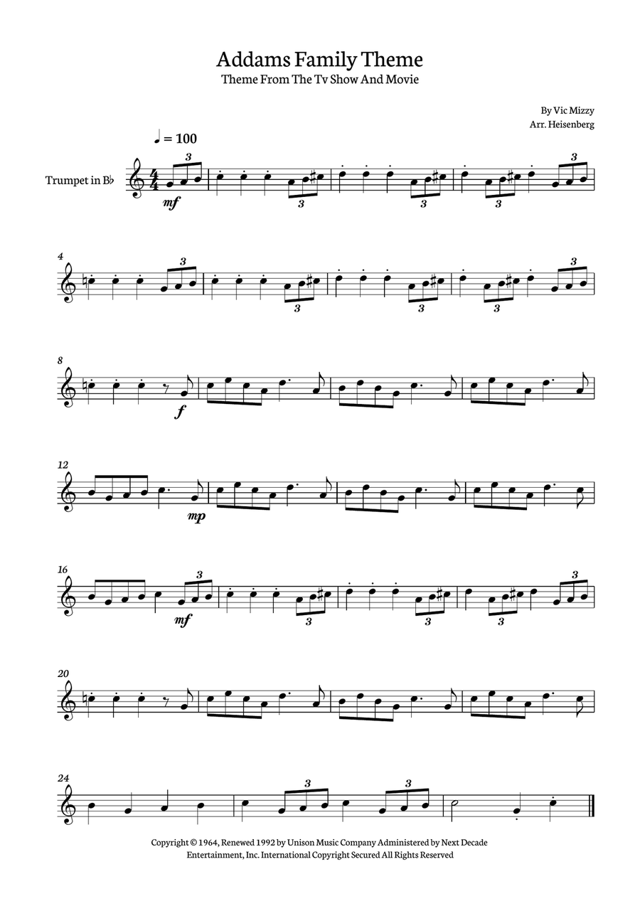 Addams Family Theme B-Flat Trumpet scores gallery preview page 1