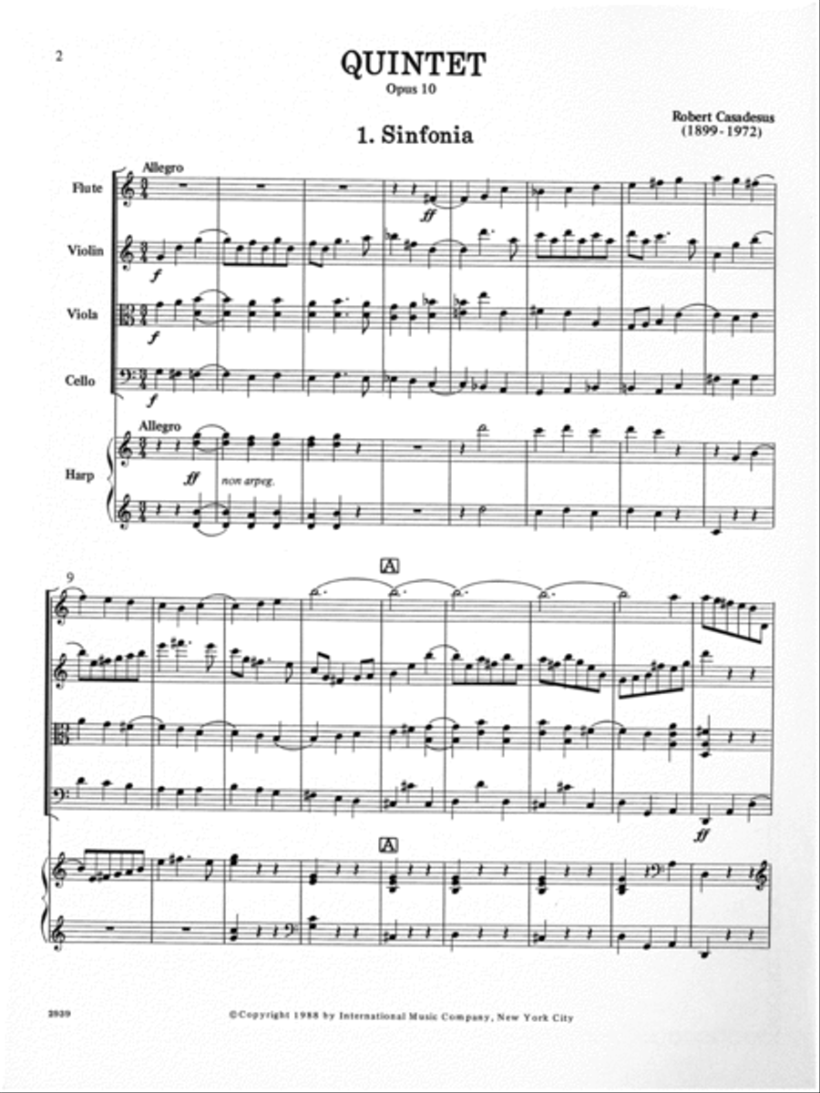 Miniature Score To Quintet, Opus 10 For Flute, Violin, Viola, Cello & Harp (Or Piano) Flute scores gallery preview page 2