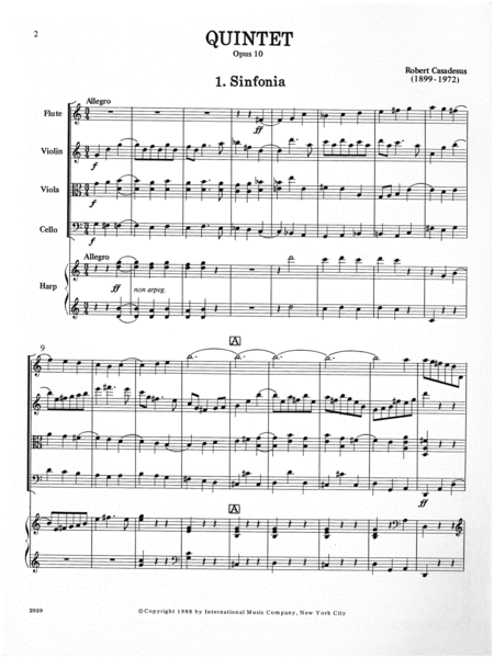 Miniature Score To Quintet, Opus 10 For Flute, Violin, Viola, Cello & Harp (Or Piano)