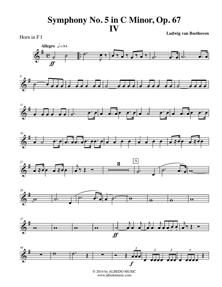Beethoven Symphony No. 5, Movement IV - Horn in F 1 (Transposed Part), Op. 67 Horn Solo scores gallery preview page 1
