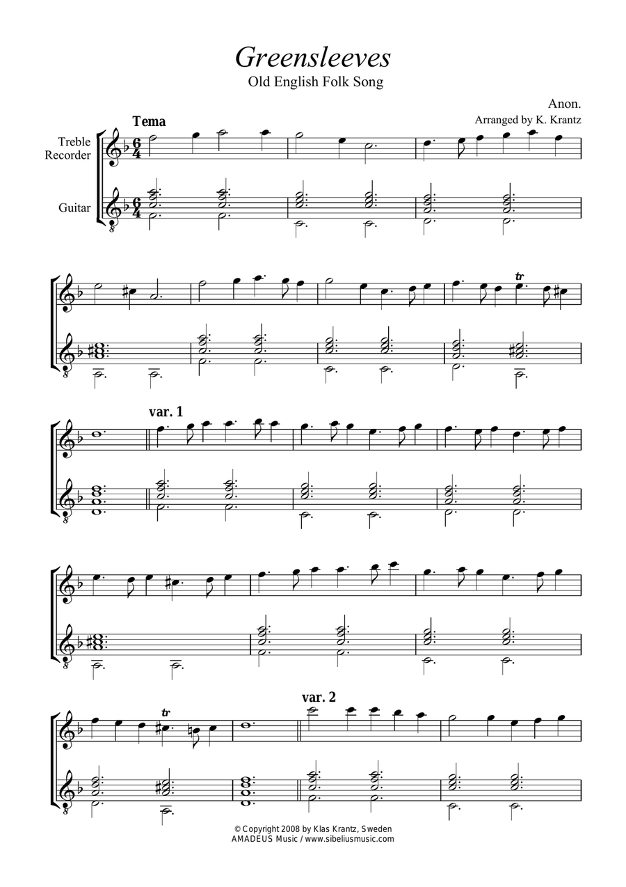 Greensleeves variations for treble recorder and guitar image number null