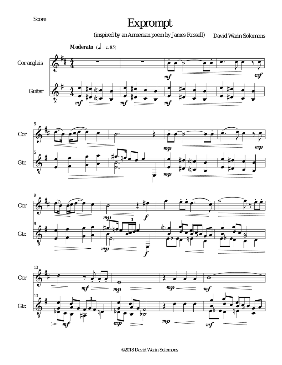 Exprompt - an Armenian song of farewell - arranged for cor anglais and guitar English Horn scores gallery preview page 1