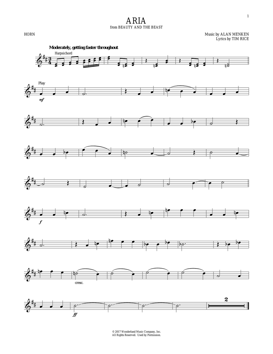 Aria (from Beauty And The Beast) Horn Solo scores gallery preview page 1