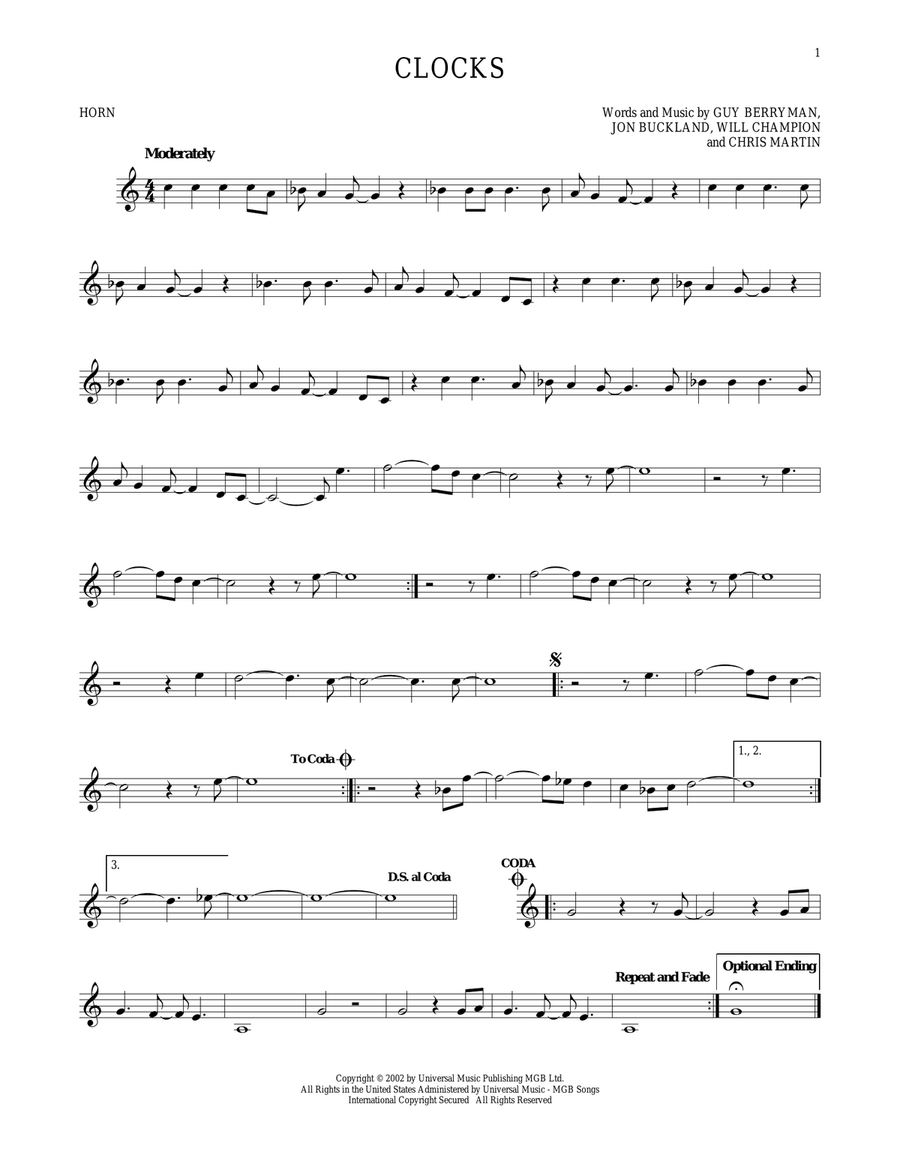 Clocks Clocks Horn Solo scores gallery preview page 1