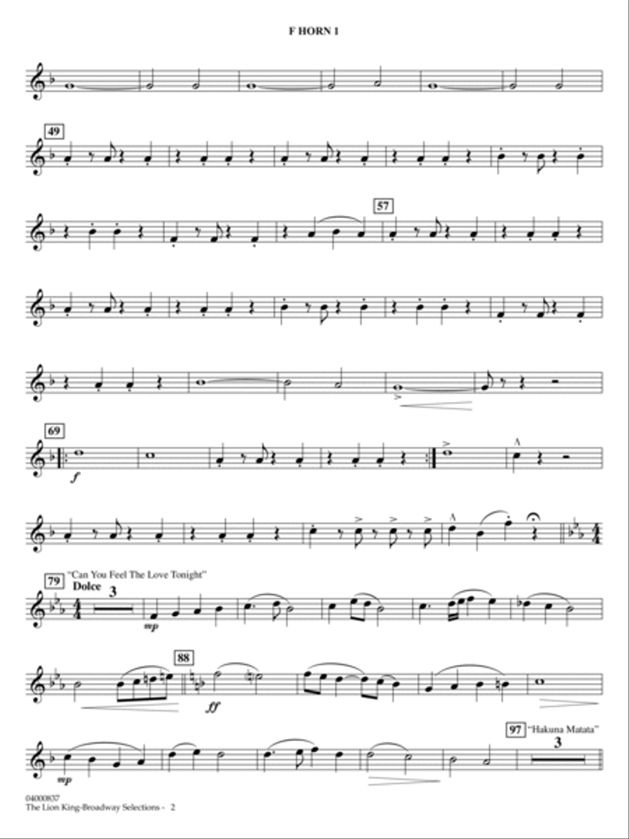 The Lion King: Broadway Selections - F Horn 1 Concert Band scores gallery preview page 2