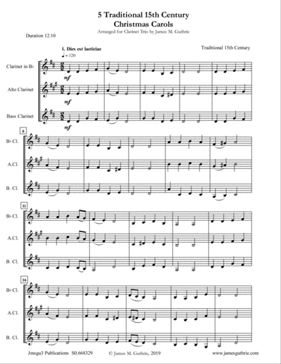 5 Traditional 15th Century Christmas Carols for Clarinet Trio Clarinet Trio scores gallery preview page 1